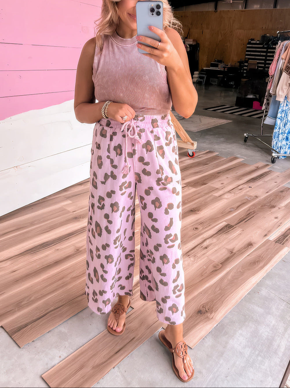 Pink Drawstring Leopard Print Patch Pocket Loose Pants