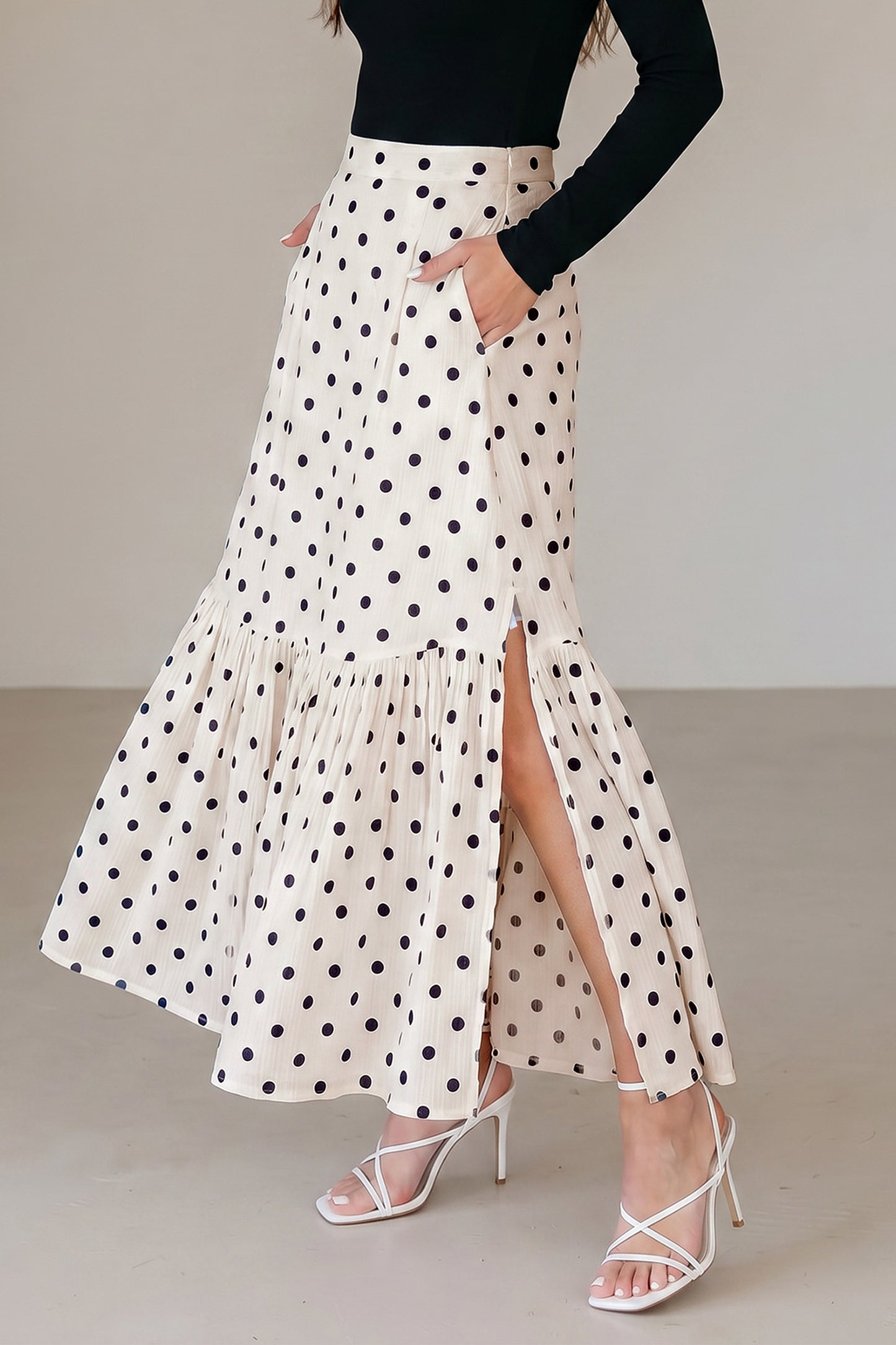 Polka Dot Maxi Skirt Side Slit Vacation Skirt