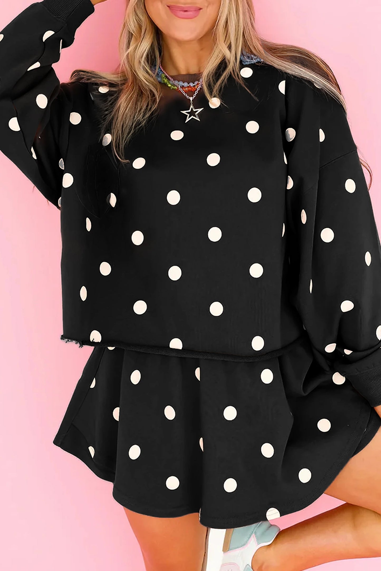 Brown Polka Dot Raw Hem Relaxed Pullover Loose Skort Two Piece Set