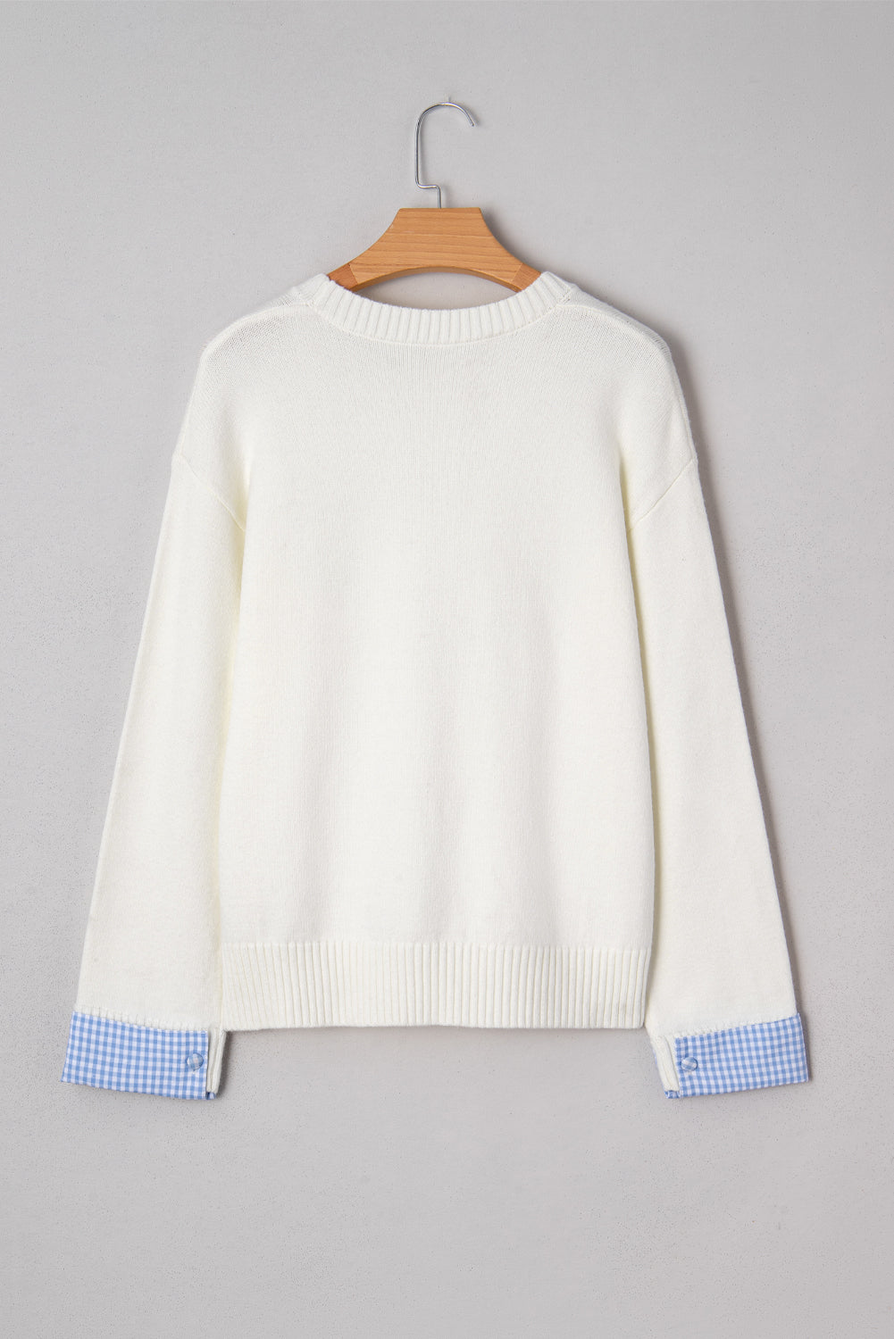 White Plaid Heart Embroidered Cuffed Drop Shoulder Crew Neck Sweater