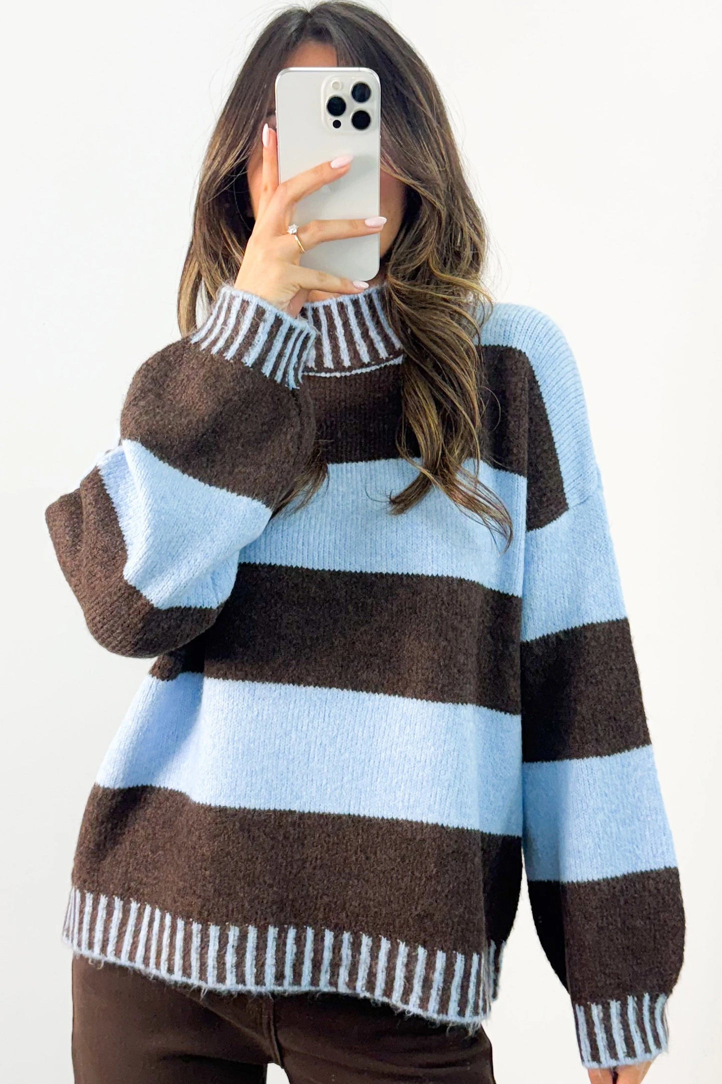 Pink Stripe Contrast High Neck Dropped Shoulder Relaxed Pullover Sweater