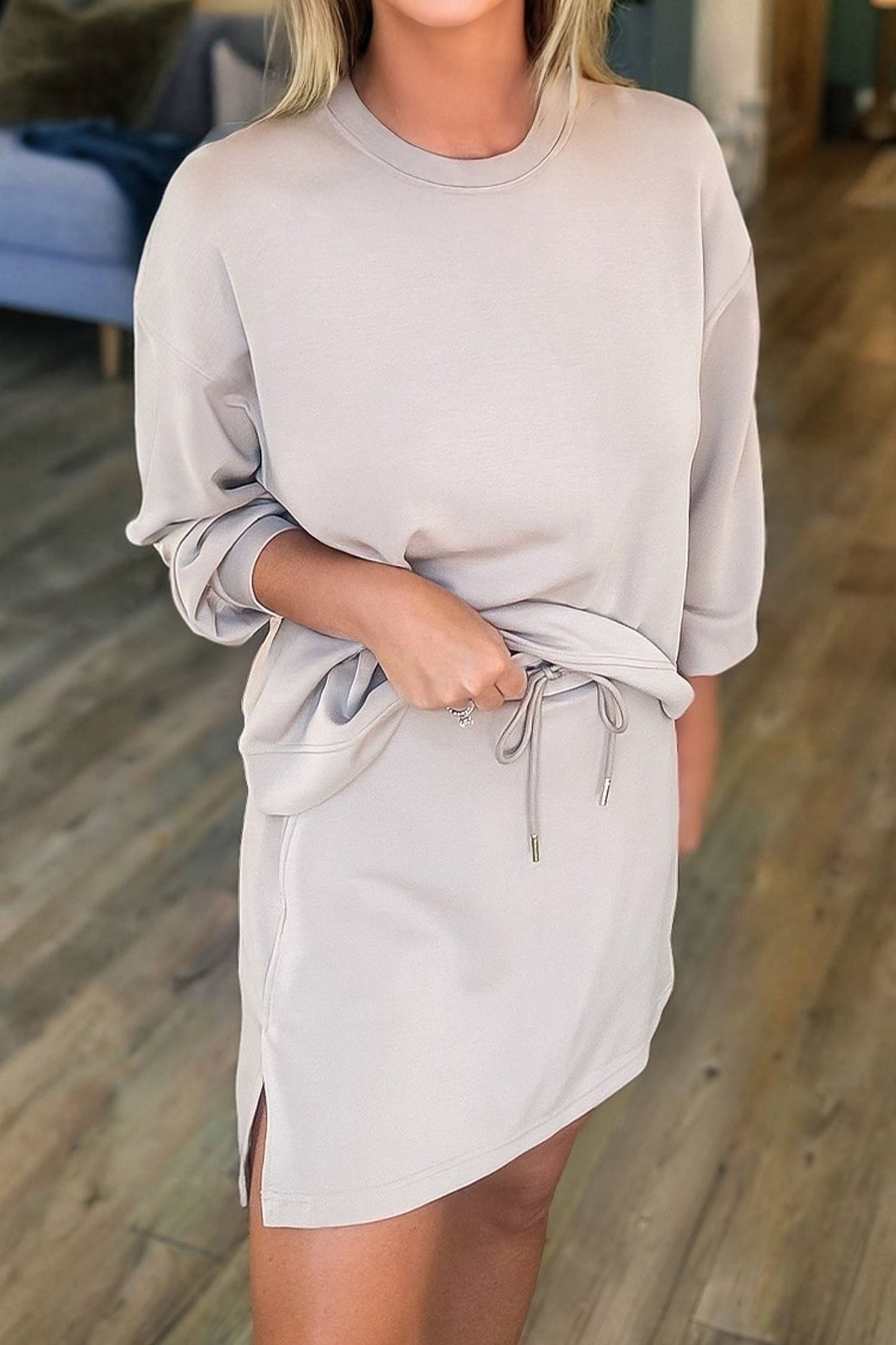 Jet Stream Solid Color Drop Shoulder Pullover Drawstring Mini Skirt 2pcs Outfit