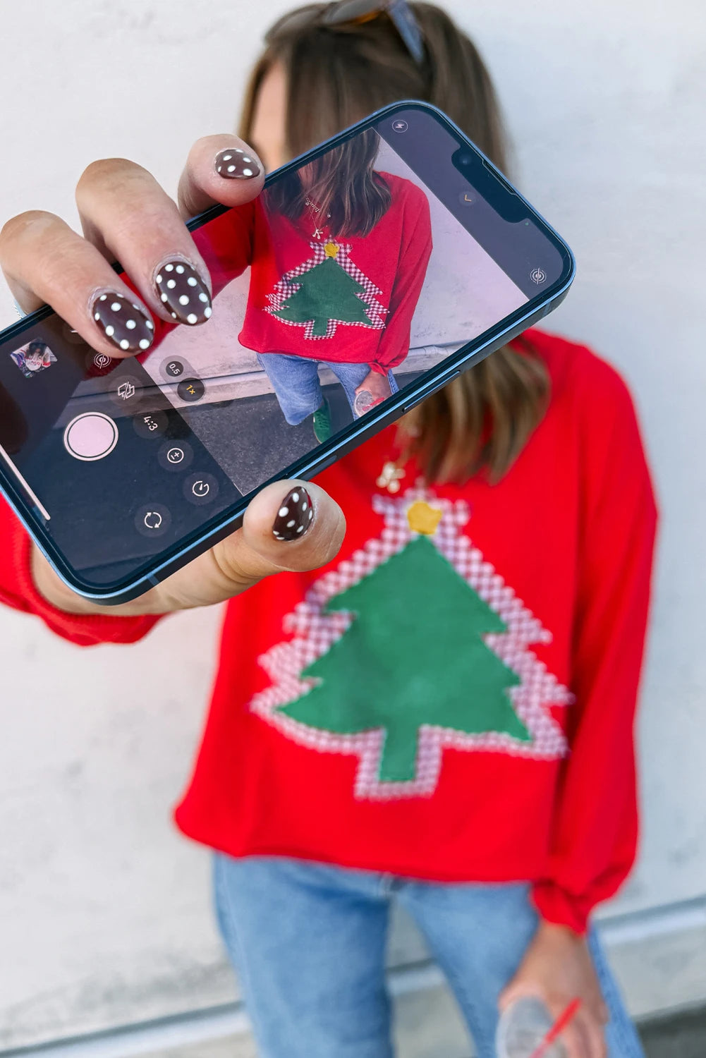 Fiery Red Plaid Frayed Double Christmas Tree Patched Drop Shoulder Sweatshirt