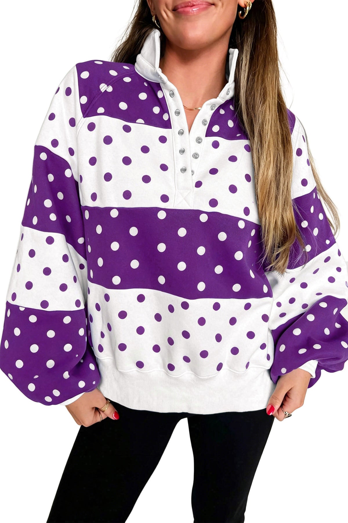 Blue Polka Dot Colorblock Half Zip Puff Sleeve Pullover Sweatshirt