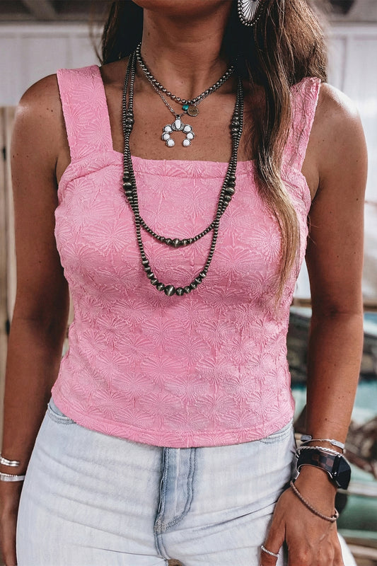 Floral Polyester Tank Top Western Sheath Square Neck