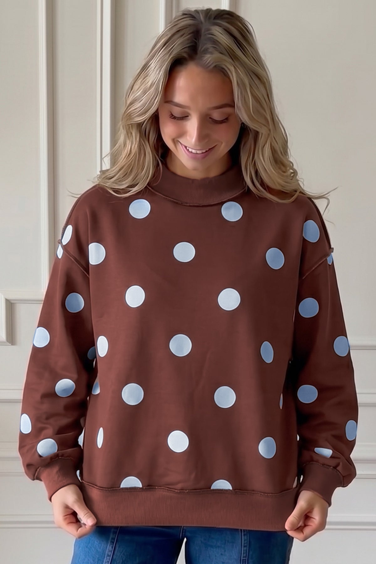 Clay Polka Dot/GOOD DAY Print Reversible Mock Neck Pullover Sweatshirt