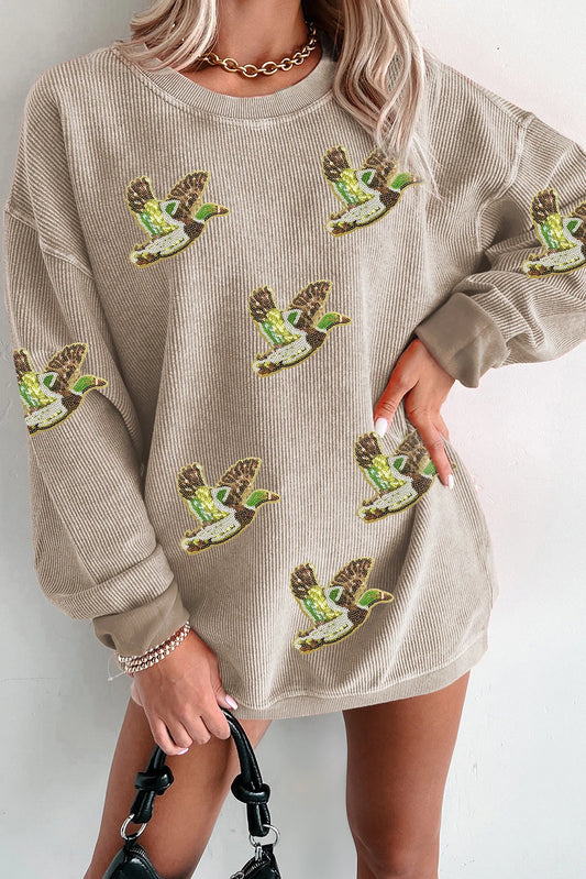 Sequined Bird Pattern Corded Thanksgiving Sweatshirt