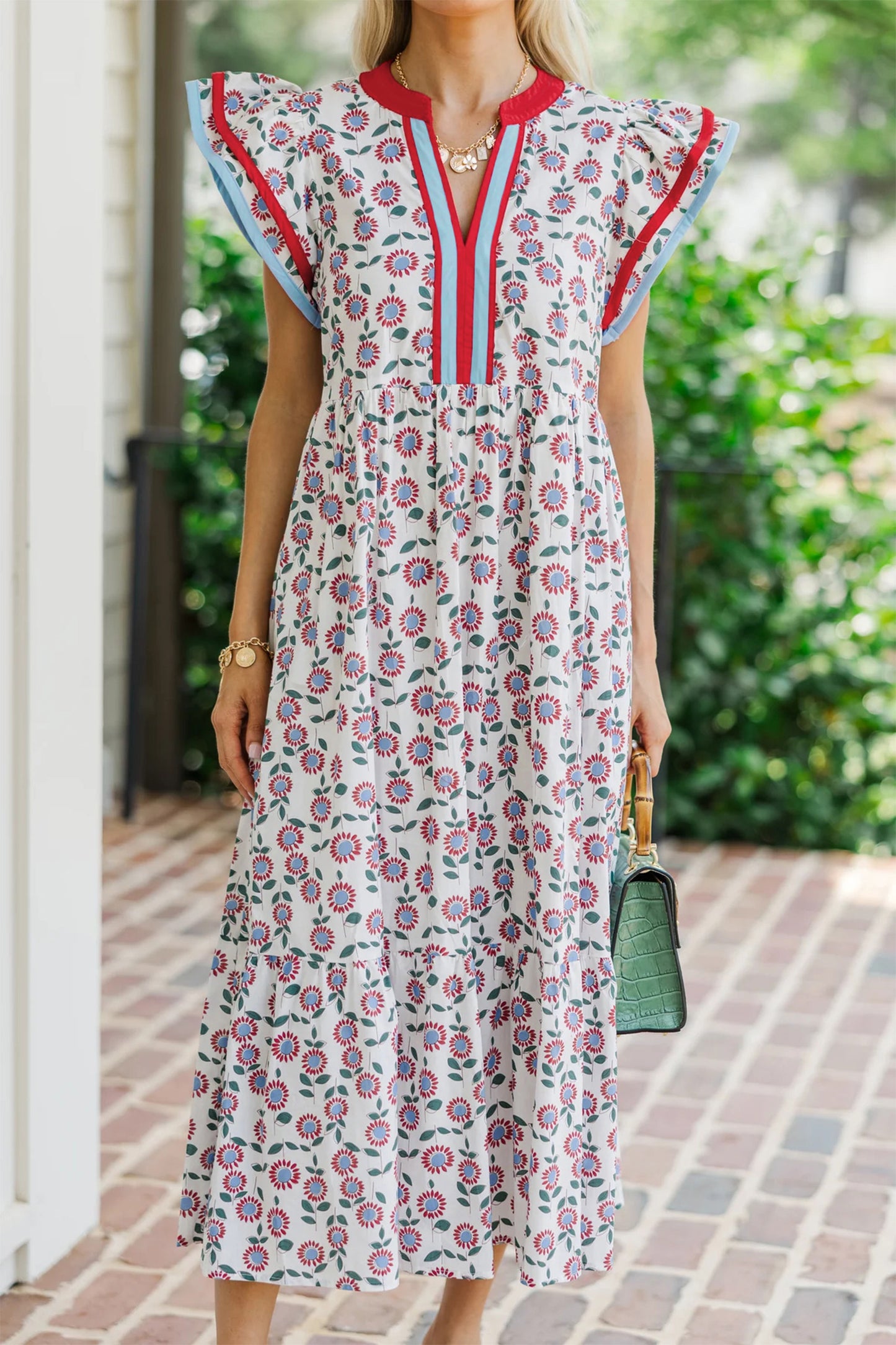 Sky Blue Cute Sunflower Printed Striped Patchwork Trim Flutter Sleeve Long Dress