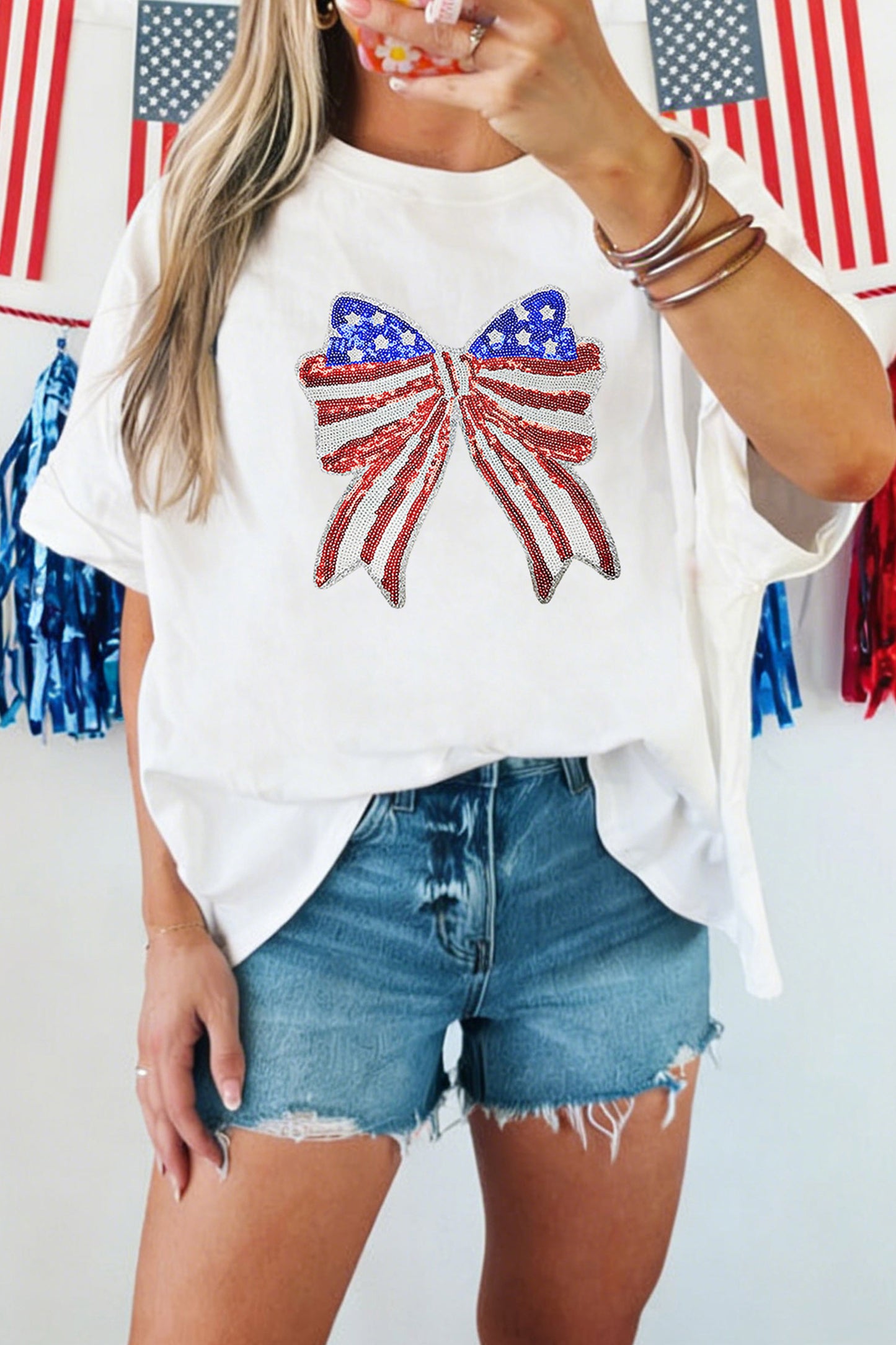 Sequin Cotton Graphic Tee Patriotic Bow Boutique Top