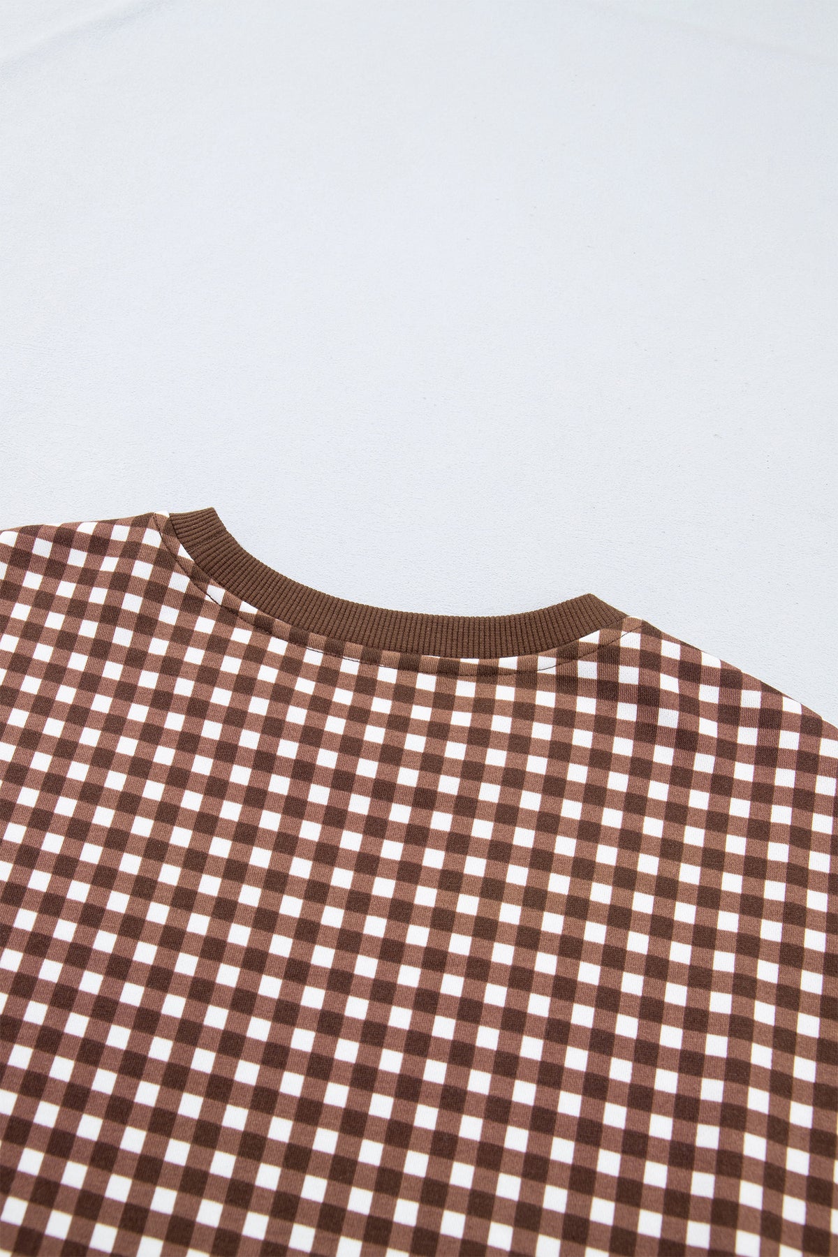 Khaki Color Block Plaid Patchwork Long Sleeve Pullover Wide Leg Pant Set