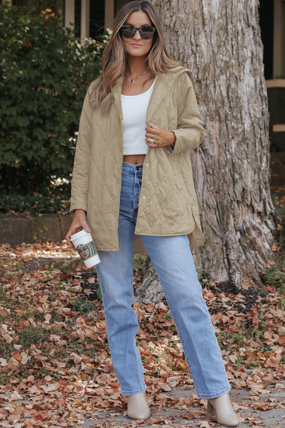 Beige Quilted Snap Button Hooded Coat