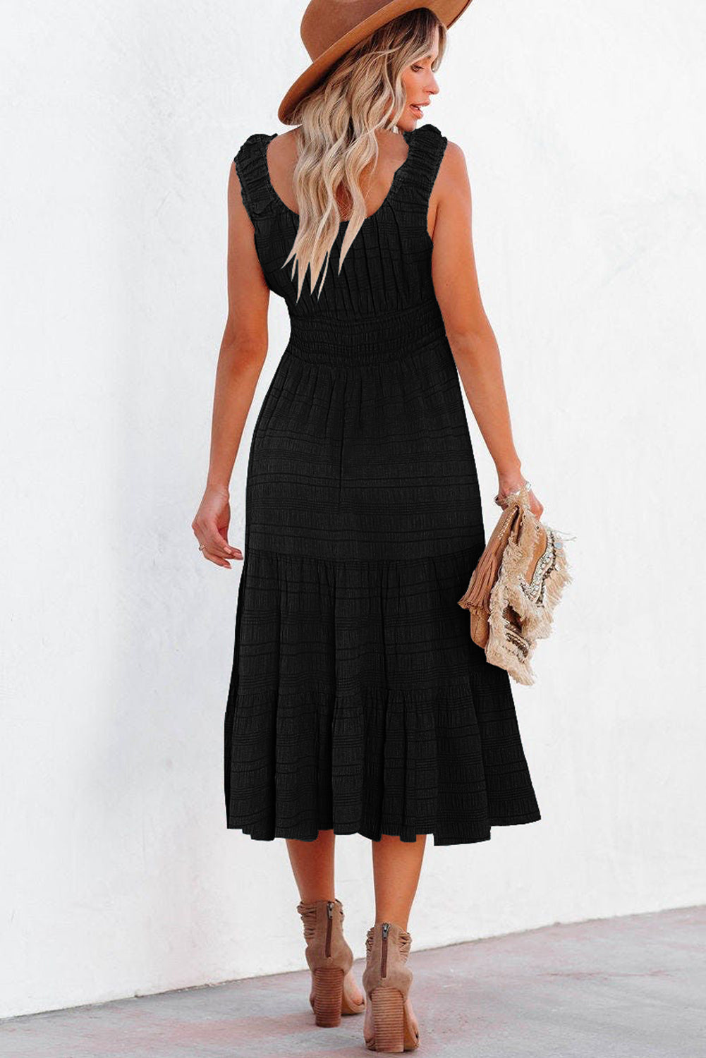 Sky Blue Shirred Pleated Square Neck Sleeveless Midi Dress