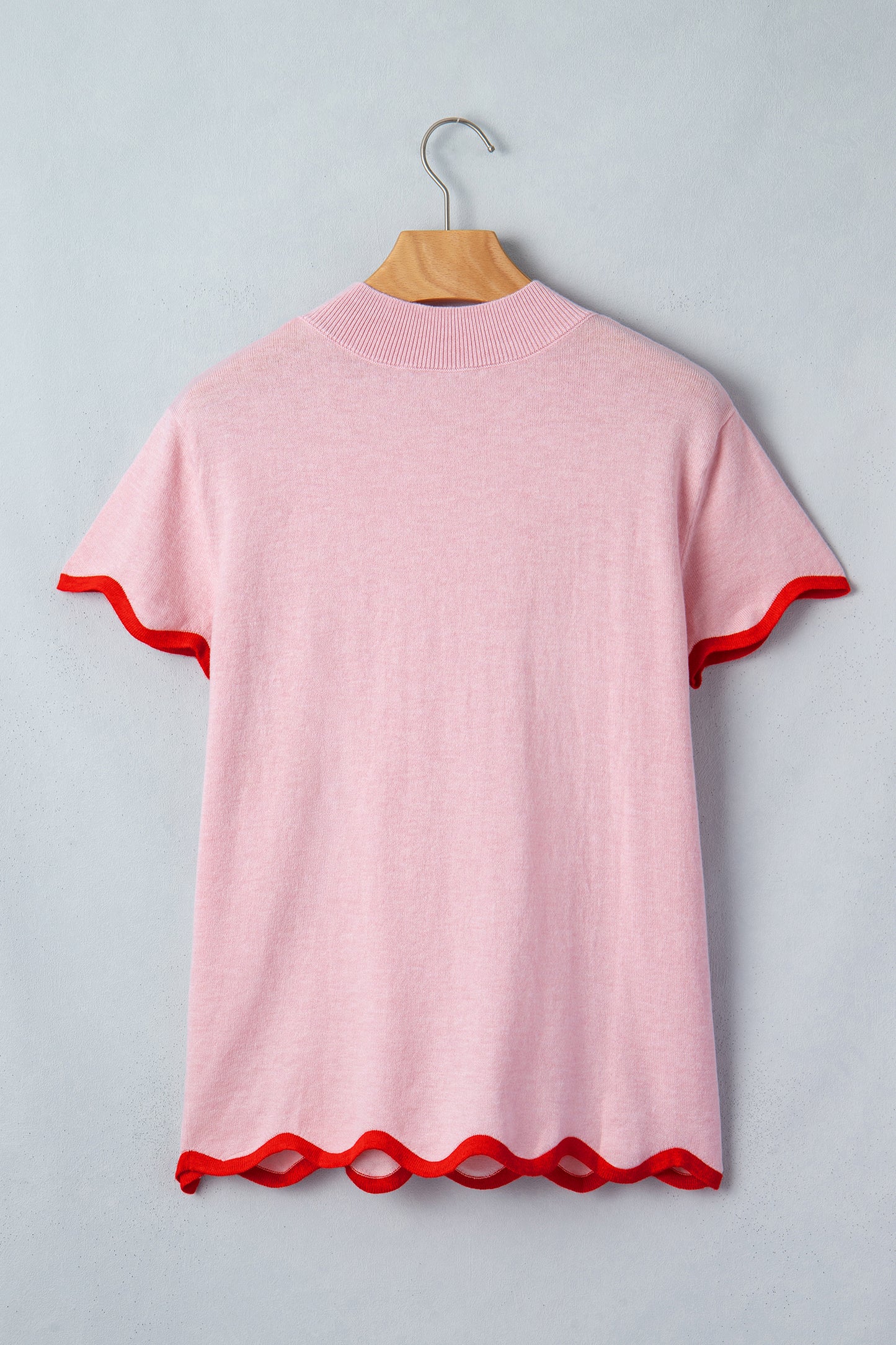 Pink Wavy Trim Stand Neck Short Sleeve Sweater Shift
