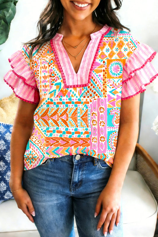 Rose Boho Mixed Print Contrast Trim Striped Patchwork Tiered Short Sleeve Blouse