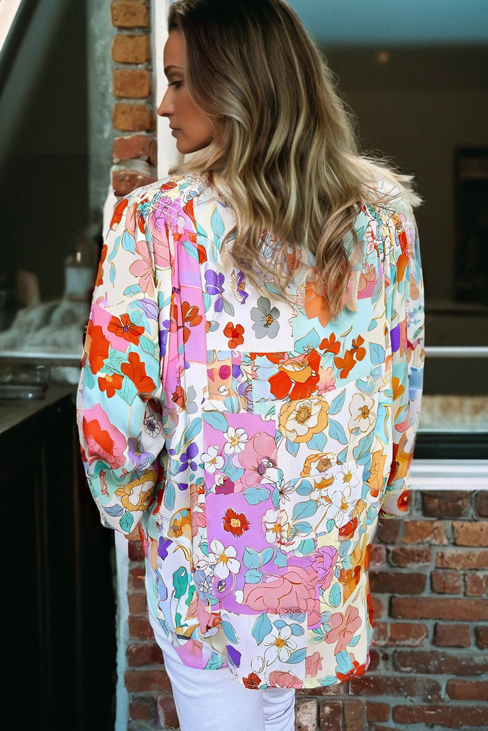 Pink Floral Print Patchwork Frilly Neckline Long Sleeve Shirt