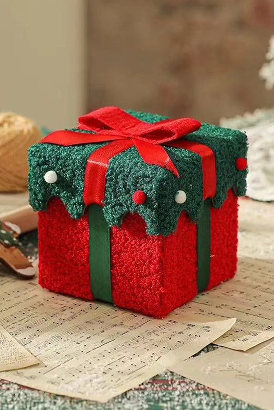 Fiery Red Bow Knot Pompom Detail Plush Christmas Gift Box