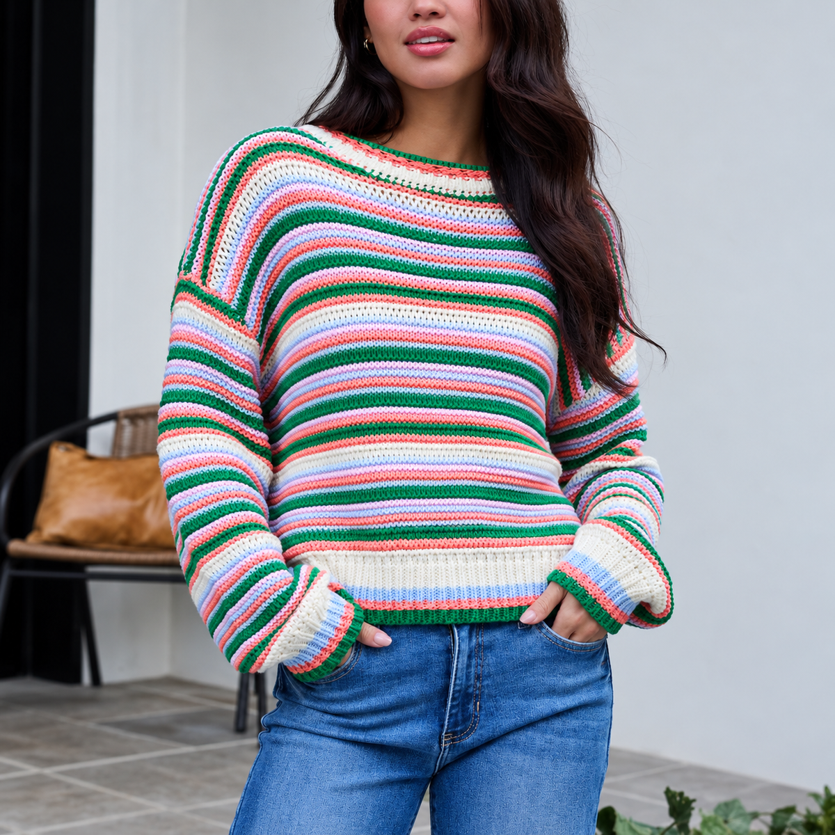 Women's Colorful Striped Crewneck Oversized Sweater
