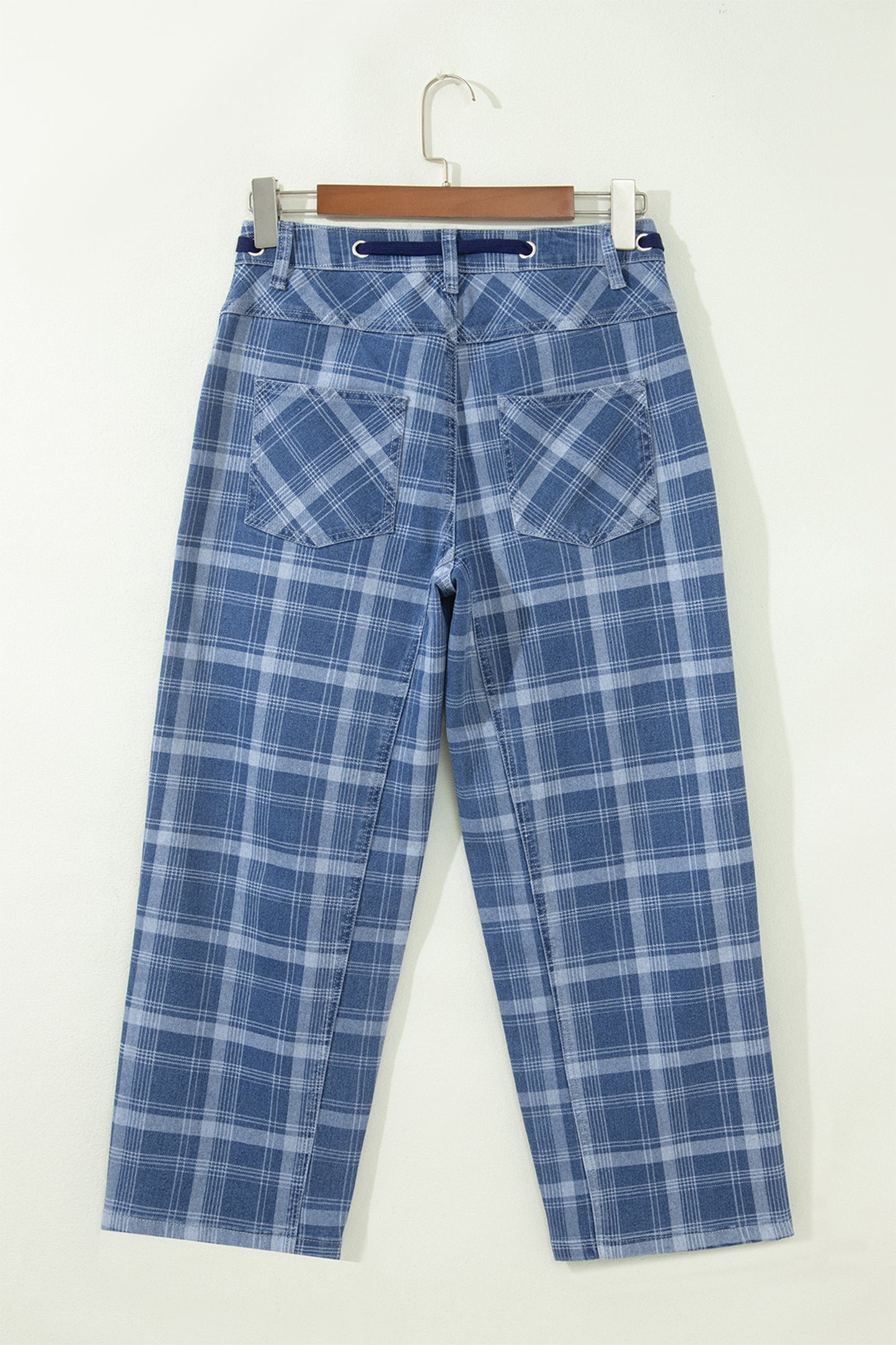 Sky Blue Plaid Denim Grommet Drawstring Waist Ankle-Length Jeans
