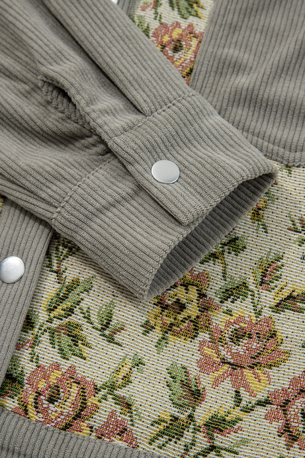 Sage Green Ribbed Retro Floral Patchwork Shirt Style Jacket