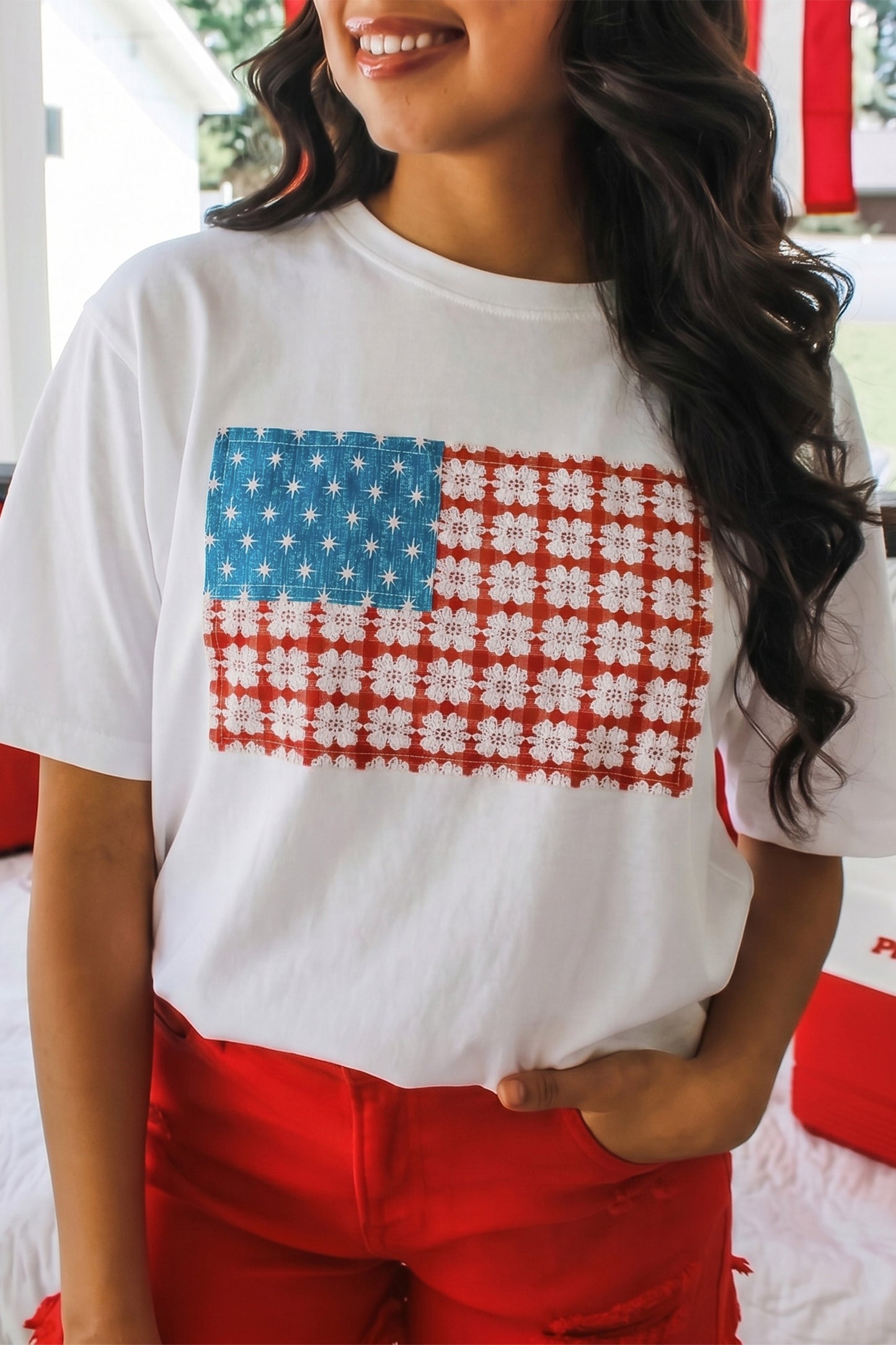 White Fancy Embroidered Patch Flag Casual T Shirt
