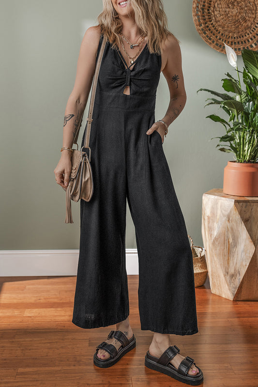 Black Front Cut Out Smocked Back Sleeveless Wide Leg Jumpsuit