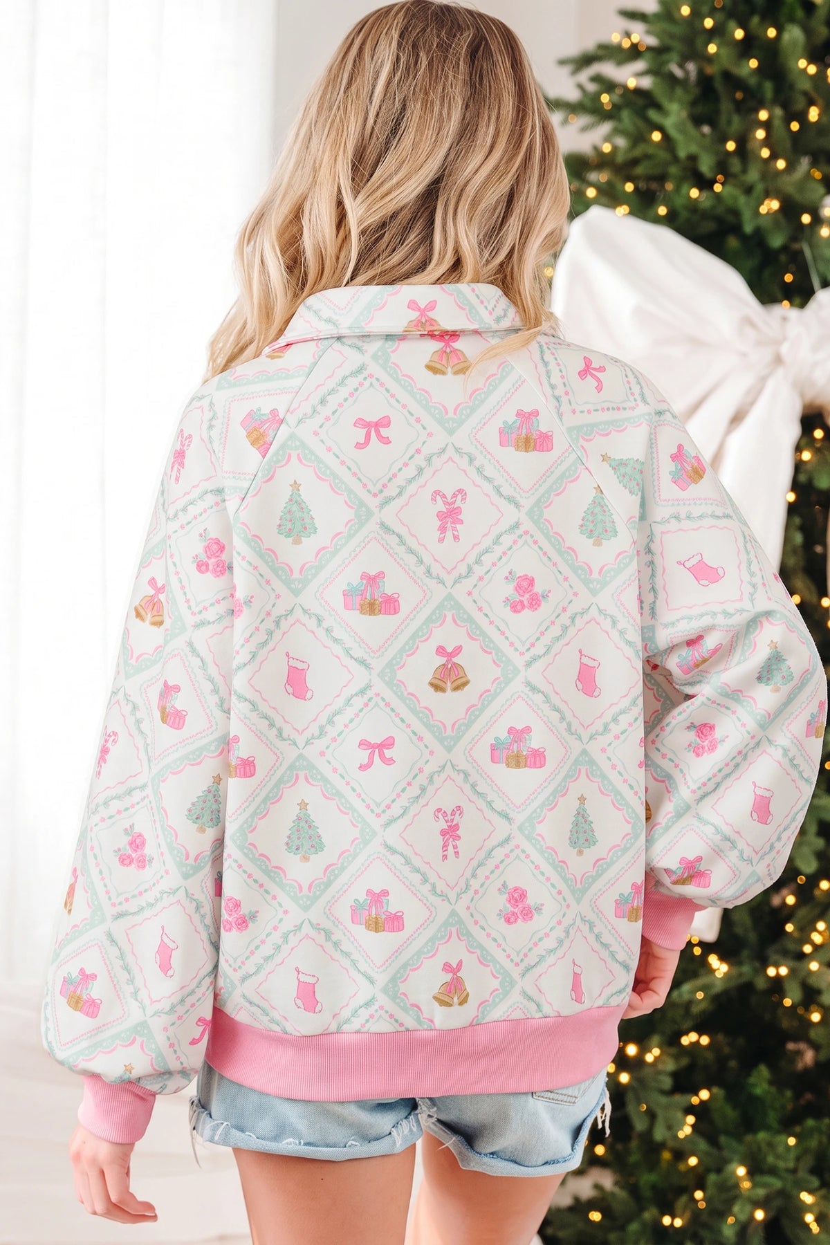 White Christmas Patchwork Collar Long Sleeve Pullover Sweatshirt
