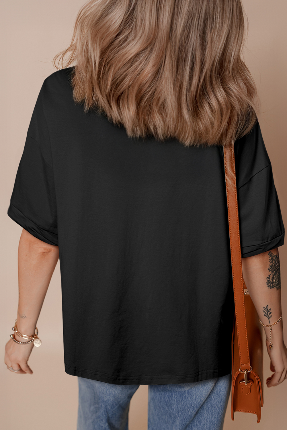 Black Sequined America Star Pattern Hi Low Hem Casual T Shirt