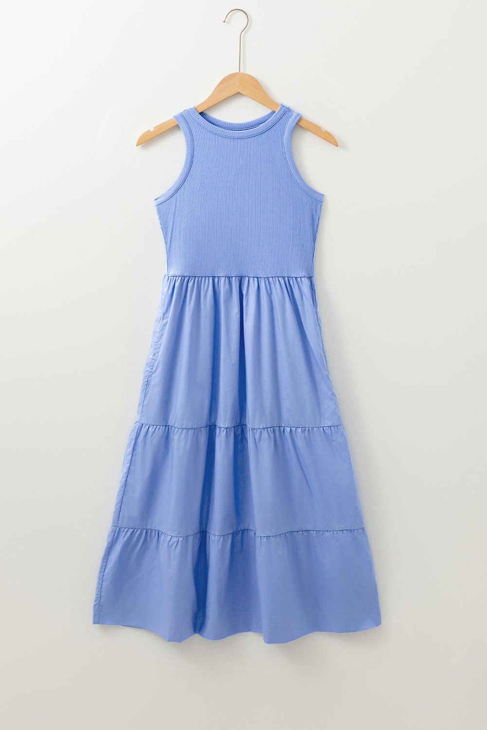 Sepia Rose Ribbed Vest Patchwork Tiered Midi Dress with Pockets