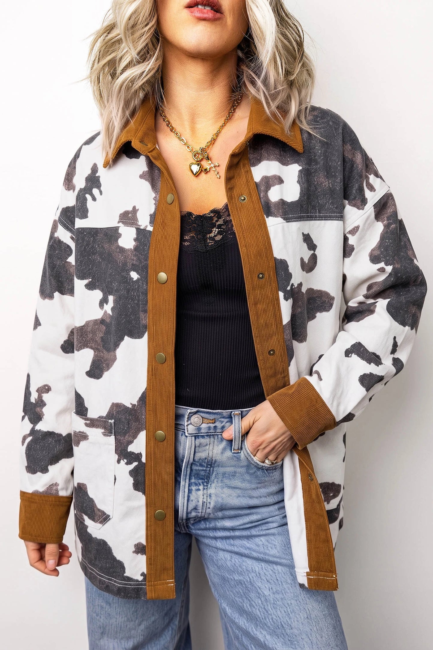 Multicolour Western Cow Print Long Sleeve Button-Up Denim Jacket  Item