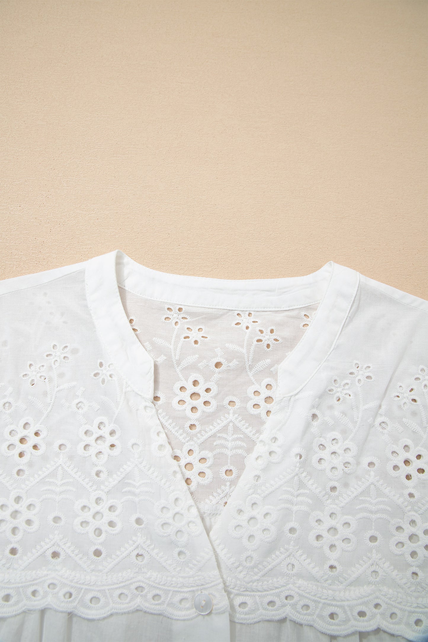 White Flower Eyelet Embroidered Patchwork Sheer Short Sleeve Shirt