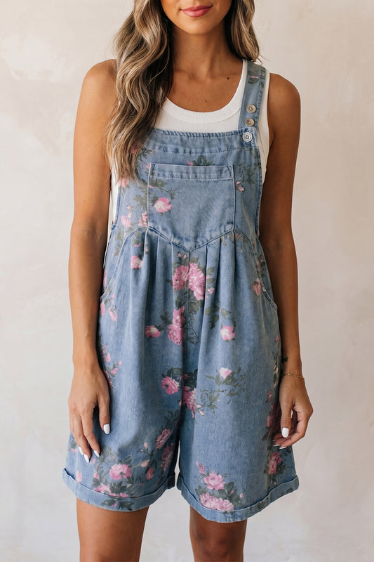 Floral Denim Shortalls Vintage Boho Loose Fit Romper
