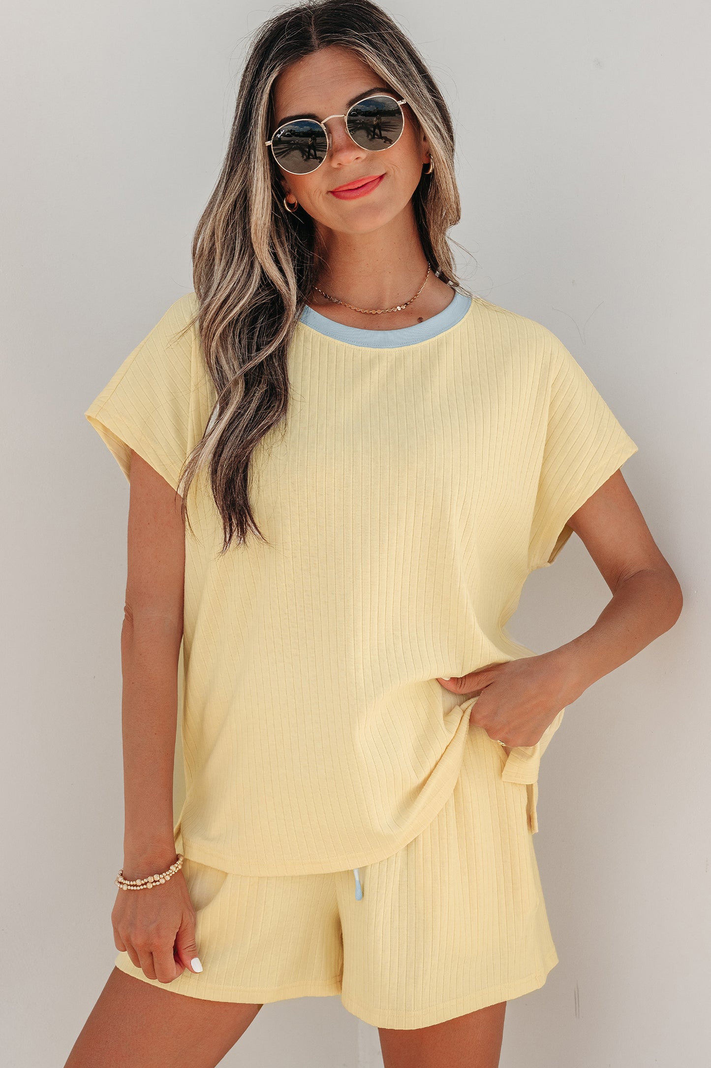 Patchwork Cotton Short Set Casual High Waist Shift