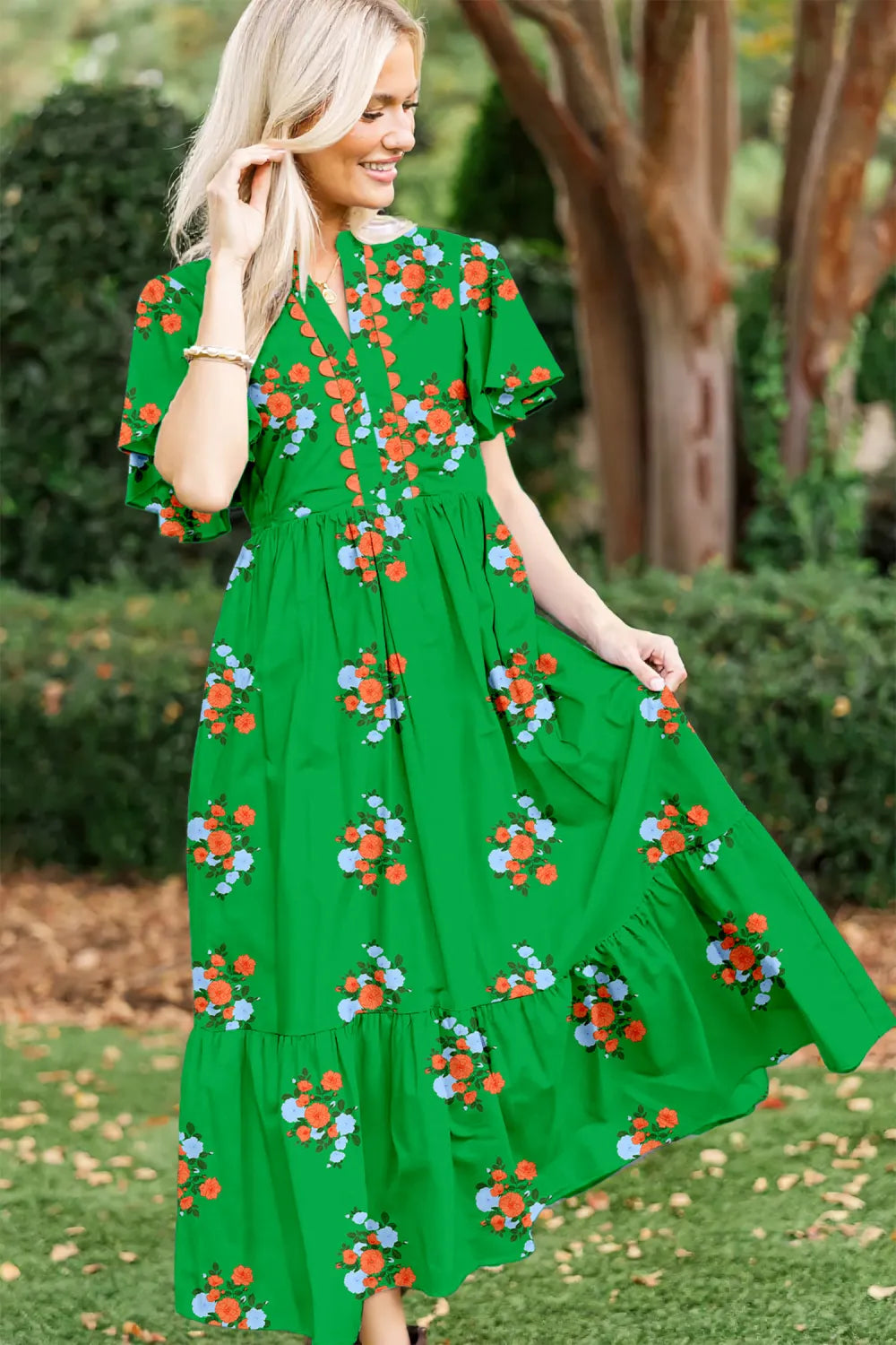 Pink Notched Neck Flutter Short Sleeve Floral Print Maxi Dress