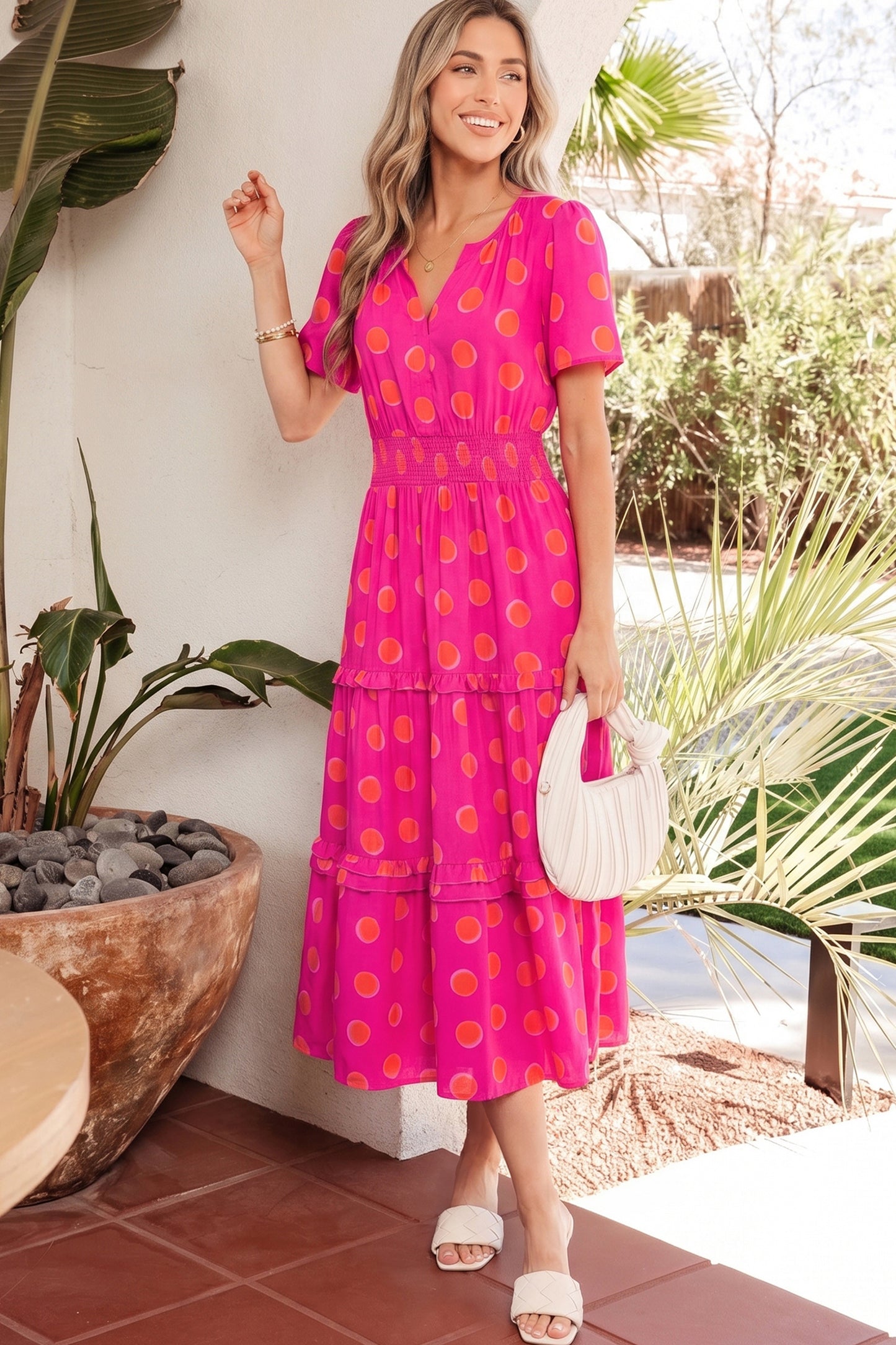 Polka Dot Midi Dress V Neck Smocked Summer Dress