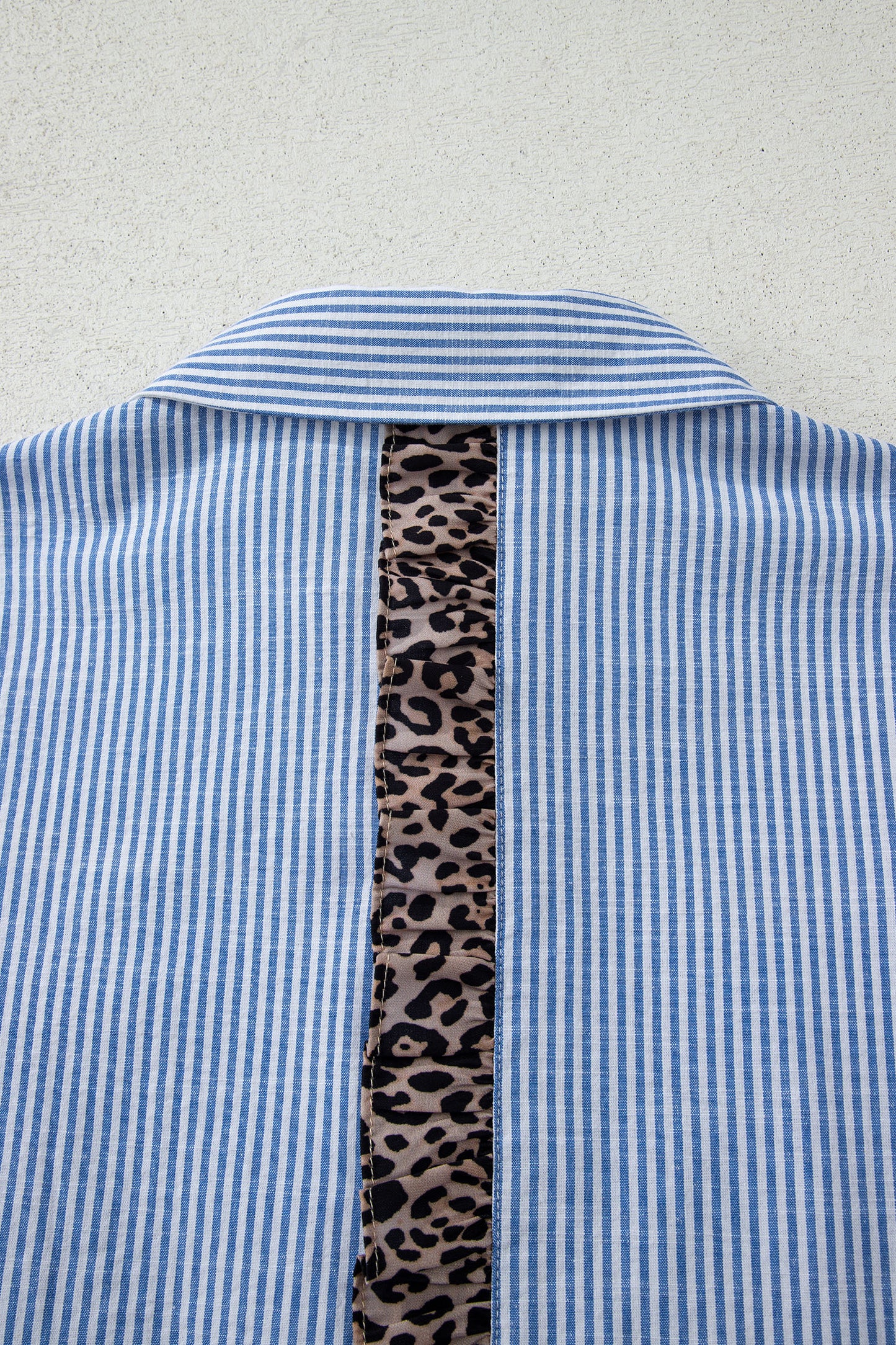 Sky Blue Stripe Contrast Frilled Leopard Trim Casual Long Sleeve Shirt