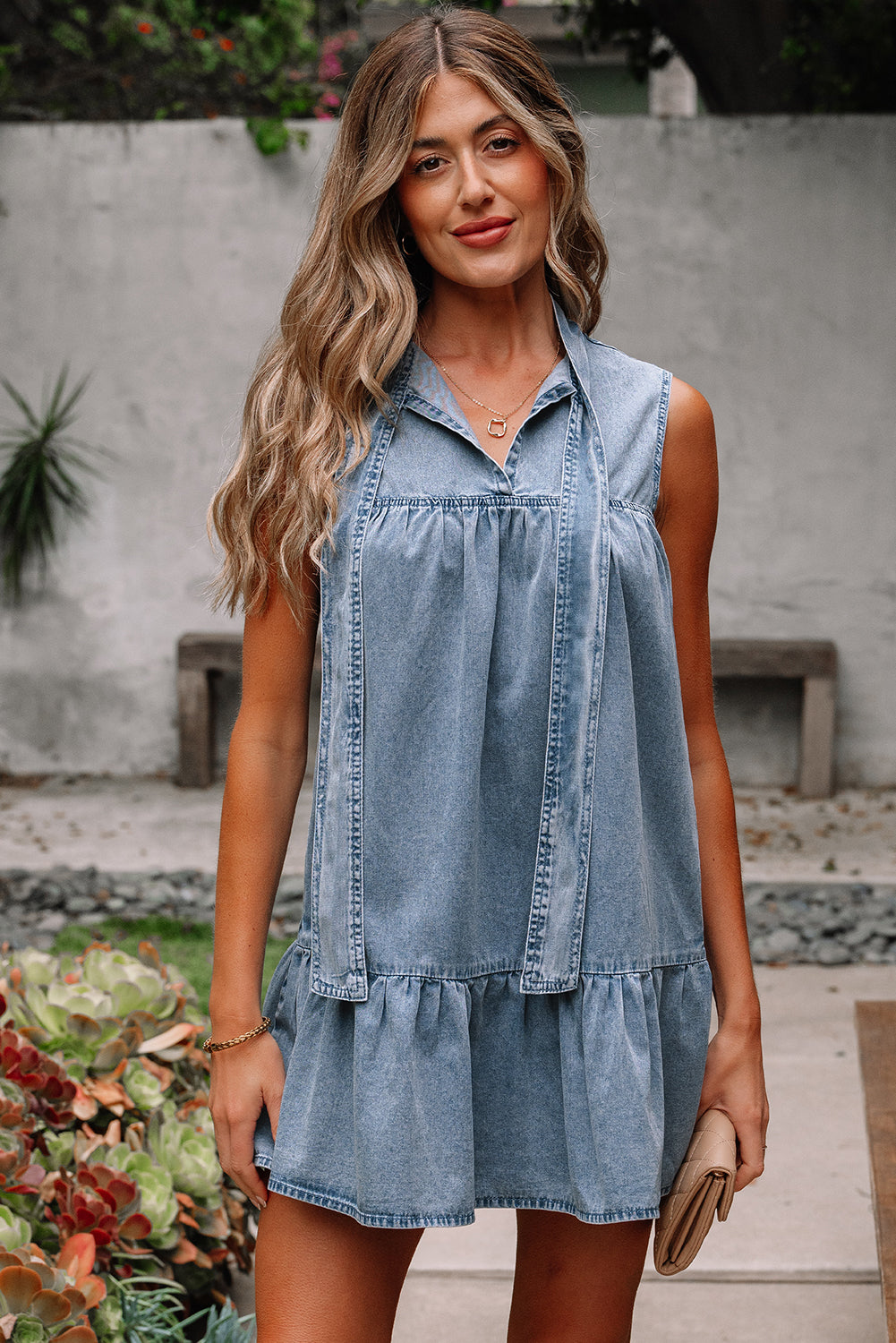 Beau Blue Bowknot Neck Sleeveless Ruffled Chambray Dress