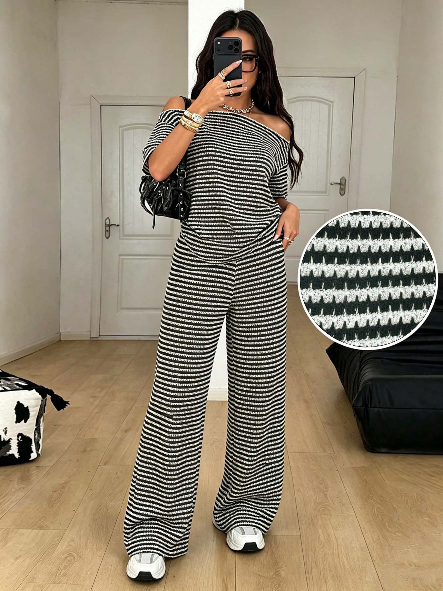 Striped Off Shoulder Knit Wide Leg Pants Set