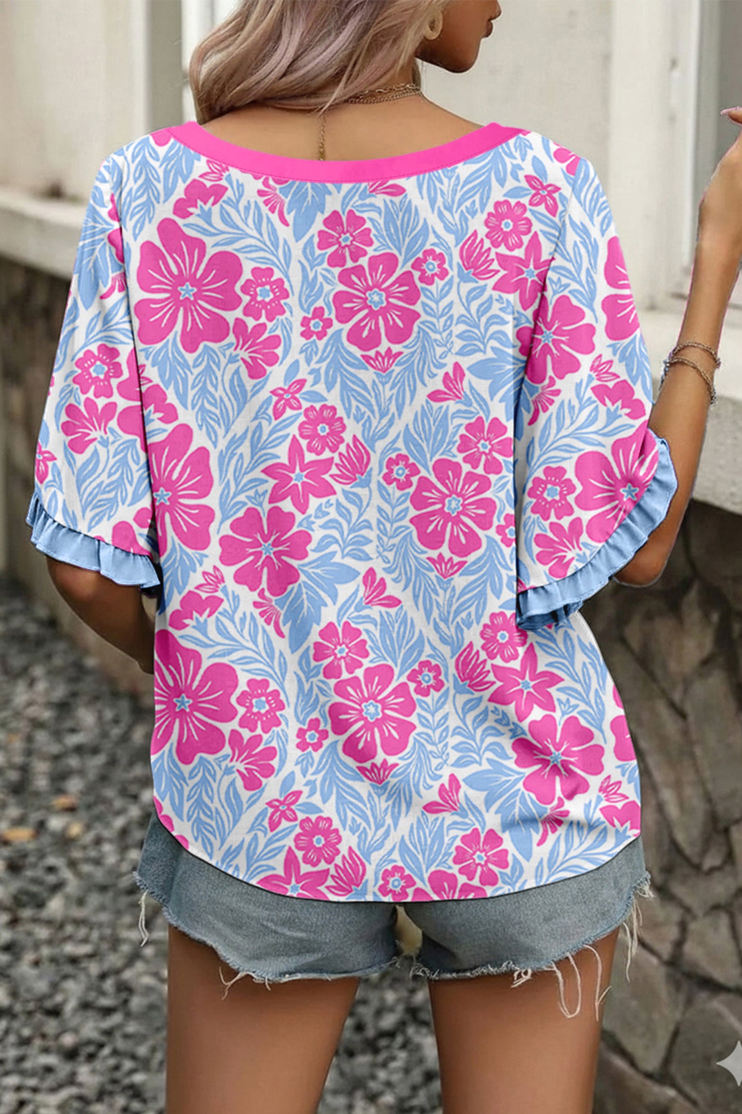 Floral Viscose Blouse Casual Ruffle Trim Flutter Sleeve Top