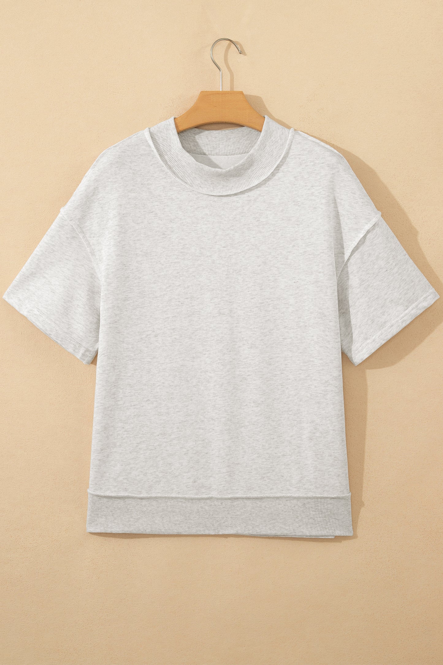Solid Cotton Blend Tee High Neck Raw Hem Top