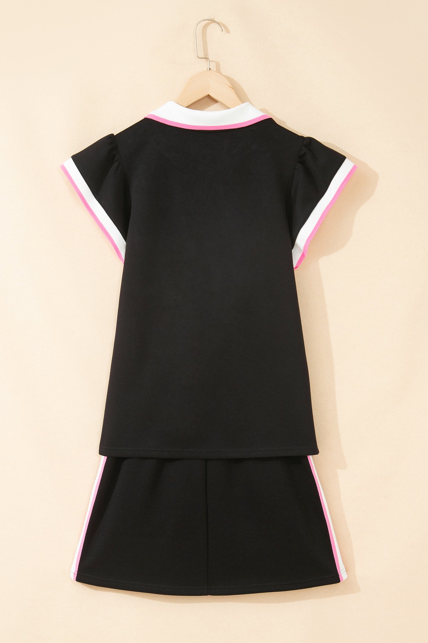 Sky Blue Preppy Striped Trim V Neck Polo Tee Drawstring Skirt Set
