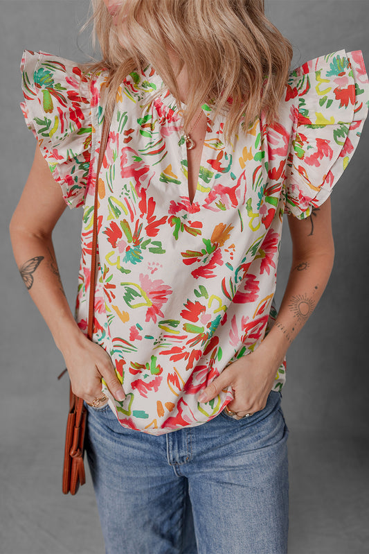 Multicolour Allover Floral Printed Flutter Sleeve Split Neck Blouse