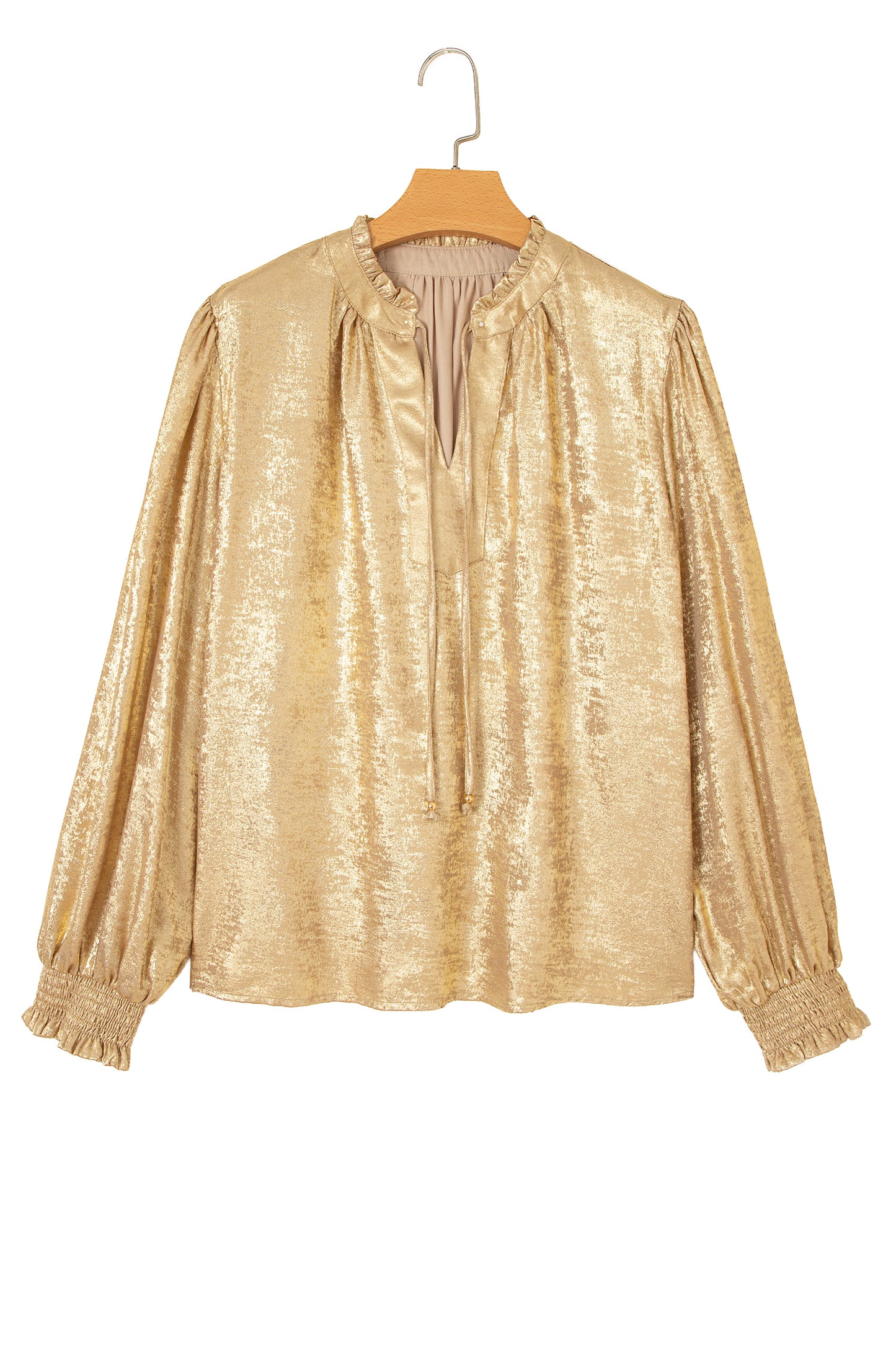 Gold Metallic Sheen V Neck Gathered Cuff Long Sleeve Blouse