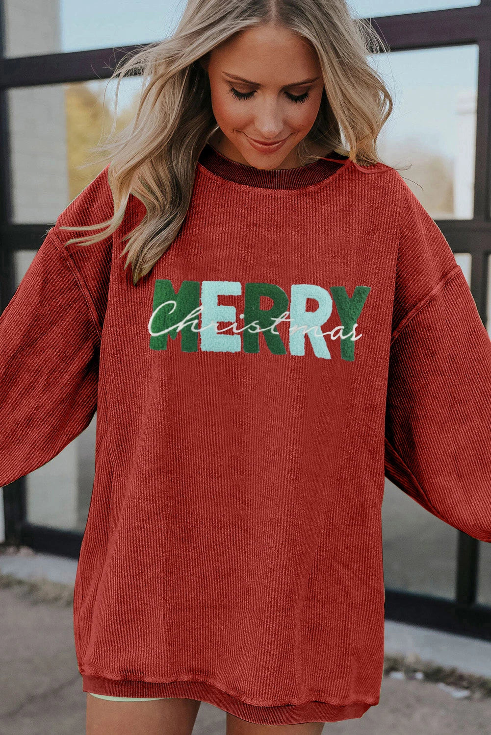 Racing Red MERRY Christmas Chenille Embroidered Corded Sweatshirt