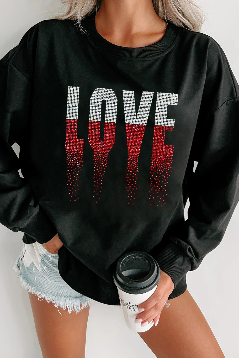 Black Rhinestone LOVE Graphic Crewneck Valentines Sweatshirt