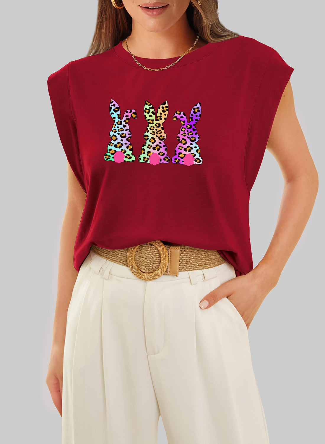 Easter Sequin Bunny Graphic Sleeveless Casual Top