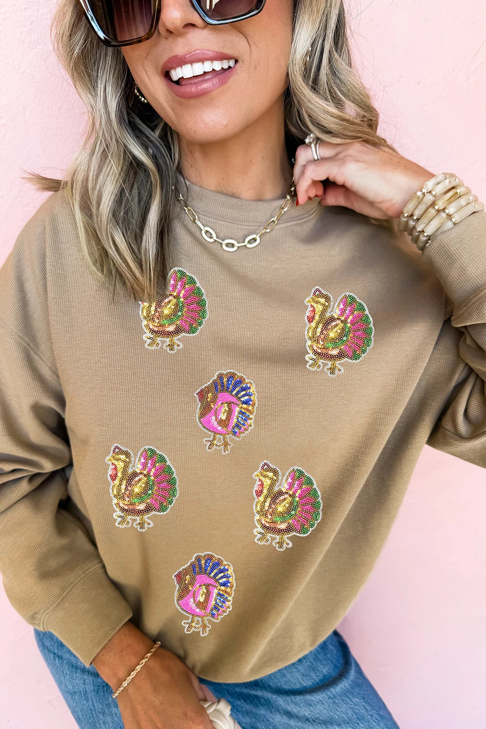 Khaki Sequin Thanksgiving Turkey Graphic Baggy Sweatshirt