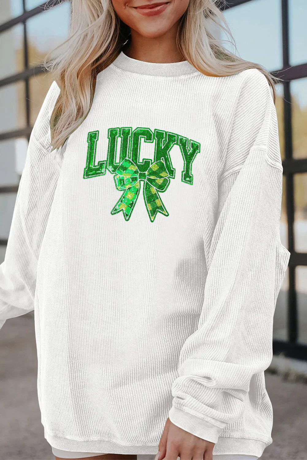 Saint Patrick's Day Lucky Sequin Clover Graphic Sweatshirt