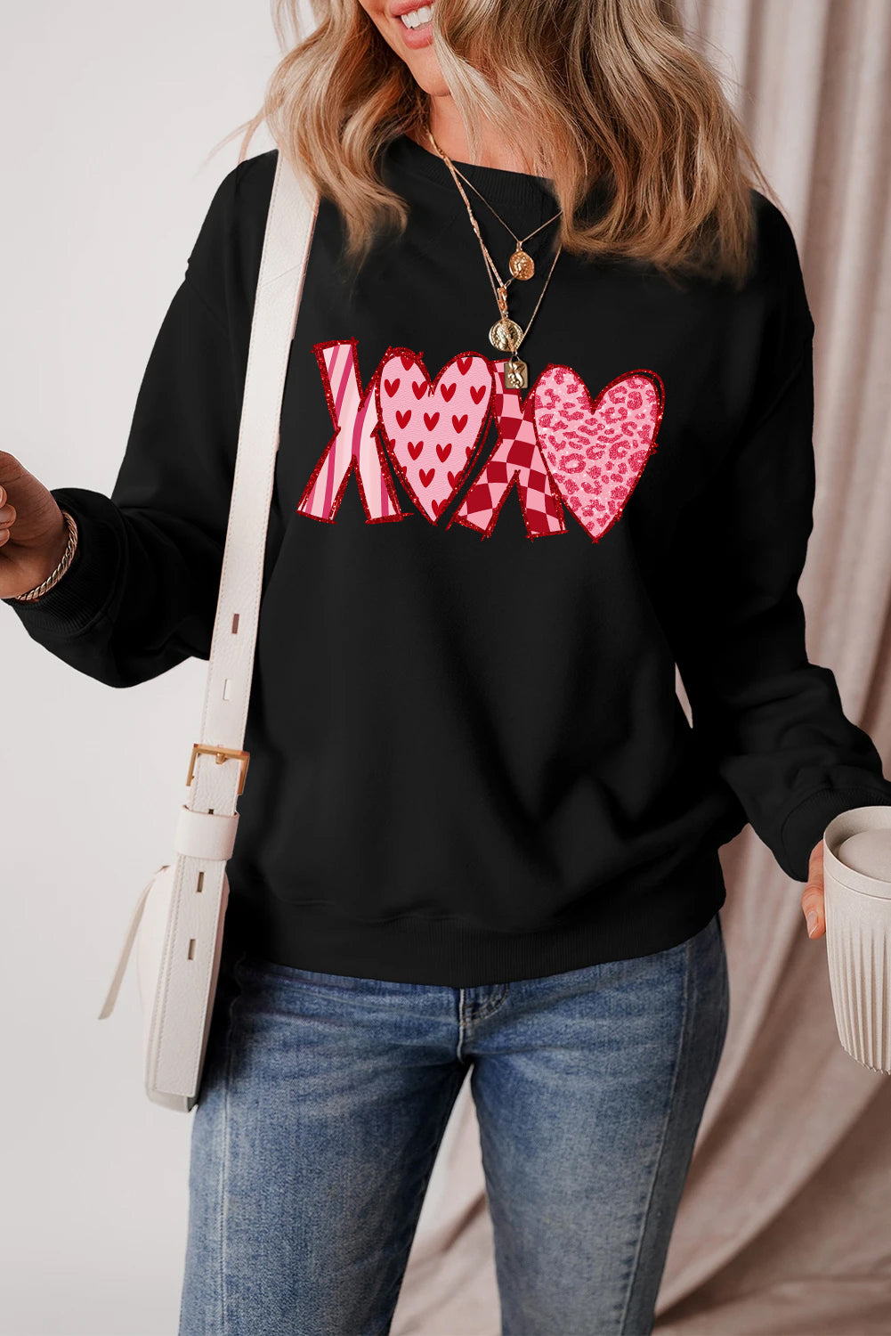 Valentine’s Day XOXO Patchwork Heart Graphic Sweatshirt