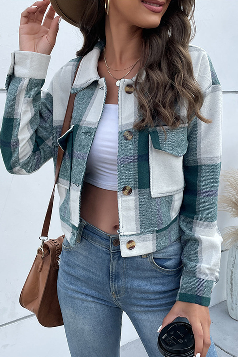 Sleeve Buttoned Cardigan Plaid Jacket With Pockets