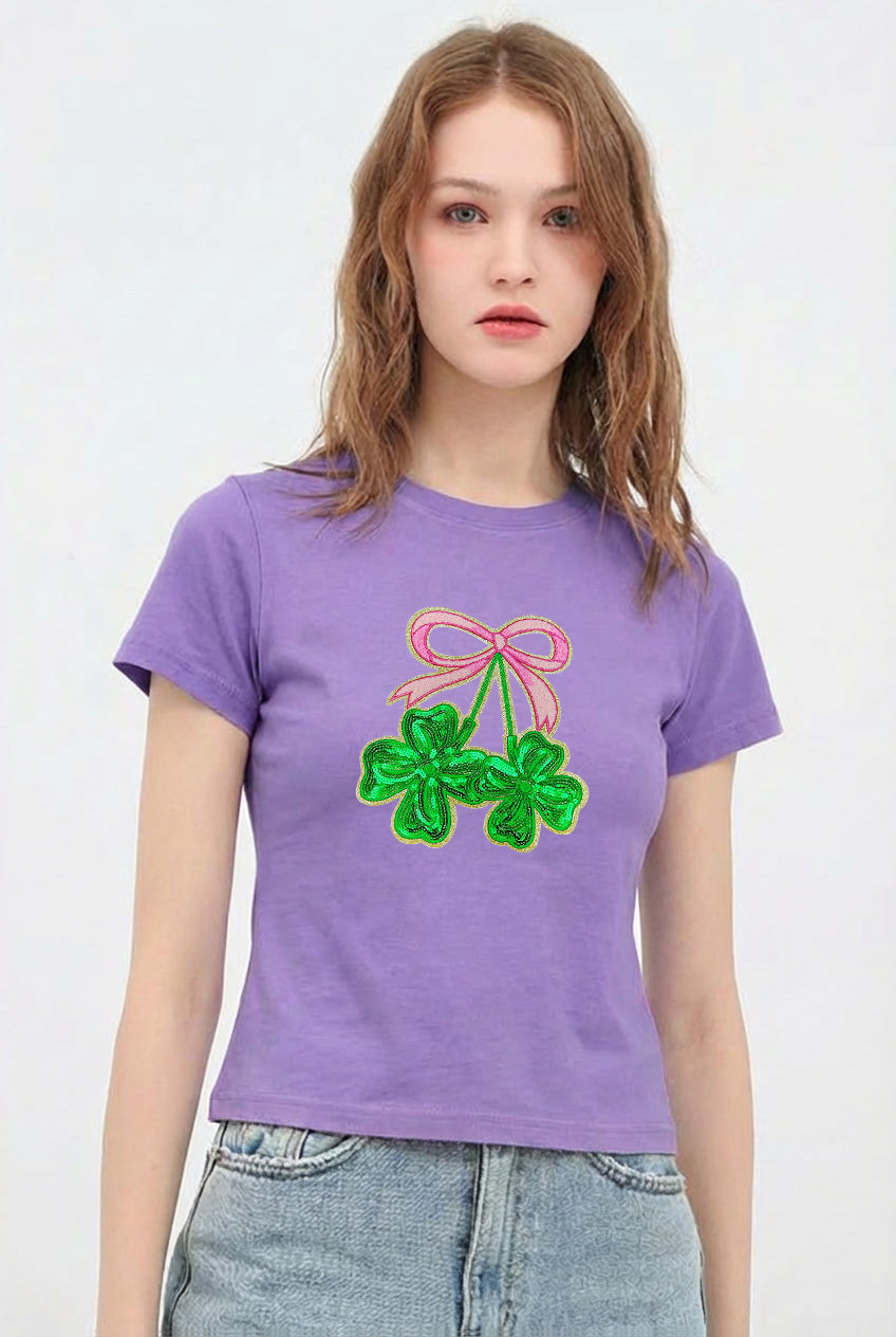 St Patricks Day Bow Shamrock Sequin Crop T-Shirt